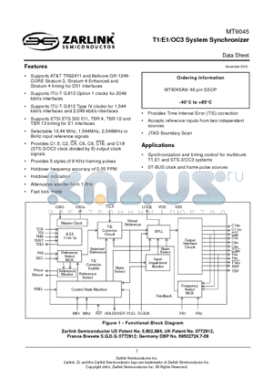 MT9045 datasheet - T1/E1/OC3 System Synchronizer