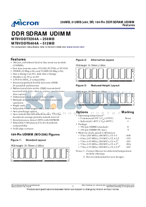 MT8VDDT3264AG-40BC4 datasheet - 256MB, 512MB (x64, SR) 184-Pin DDR SDRAM UDIMM