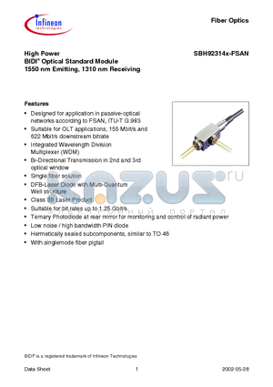 SBH92314P-FSAN datasheet - High Power BIDI Optical Standard Module 1310 nm Emitting, 1550 nm Receiving