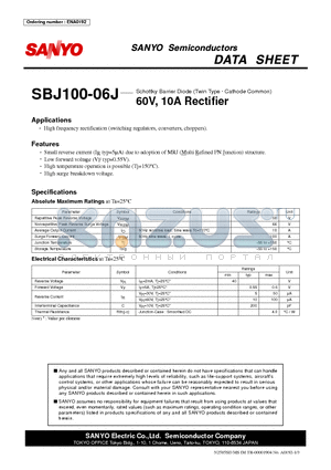SBJ100-06J datasheet - Schottky Barrier Diode (Twin Type g Cathode Common) 60V, 10A Rectifier