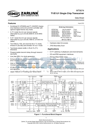 MT9074AL1 datasheet - T1/E1/J1 Single Chip Transceiver