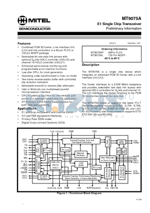 MT9075AP datasheet - E1 Single Chip Transceiver