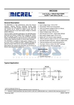 MIC5308-1.2YMT datasheet - Low VIN/VOUT 150mA High PSRR ULDO with Ultra-Low IQ