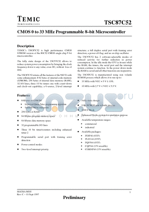 TSC87C52-33IBB datasheet - CMOS 0 to 33 MHz Programmable 8-bit Microcontroller