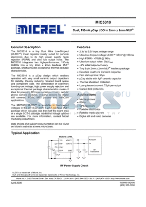 MIC5310-1.8 datasheet - Dual, 150mA uCap LDO in 2mm x 2mm MLF