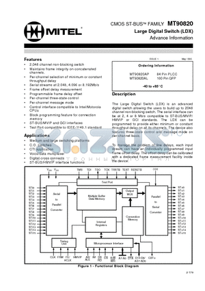 MT90820AL datasheet - CMOS ST-BUS FAMILY Large Digital Switch (LDX)
