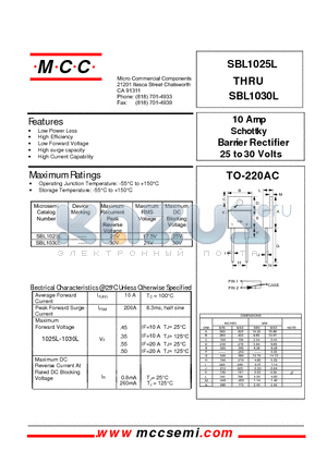 SBL1030L datasheet - 10 Amp Schottky Barrier Rectifier 25 to 30 Volts