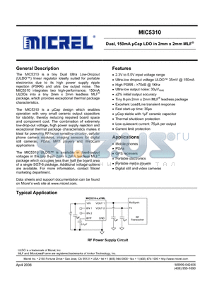 MIC5310-2.8 datasheet - Dual, 150mA uCap LDO in 2mm x 2mm MLF