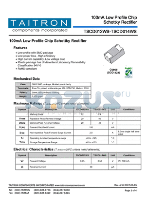 TSCD012WS datasheet - 100mA Low Profile Chip Schottky Rectifier