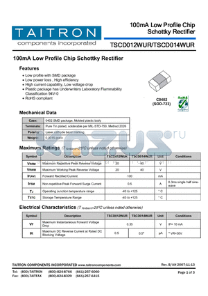 TSCD012WUR datasheet - 100mA Low Profile Chip Schottky Rectifier