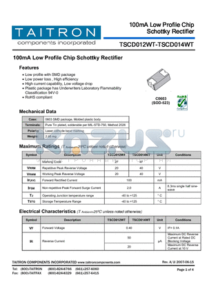 TSCD014WT datasheet - 100mA Low Profile Chip Schottky Rectifier