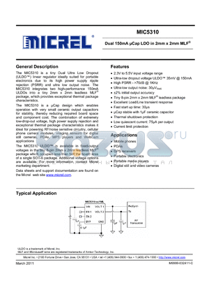 MIC5310-2.85/1.85YML datasheet - Dual 150mA lCap LDO in 2mm x 2mm MLF^