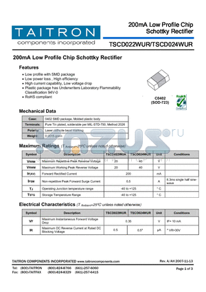 TSCD022WUR datasheet - 200mA Low Profile Chip Schottky Rectifier