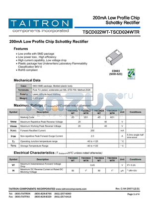 TSCD024WT datasheet - 200mA Low Profile Chip Schottky Rectifier