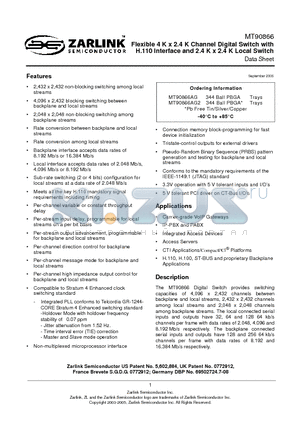 MT90866 datasheet - Flexible 4 K x 2.4 K Channel Digital Switch with H.110 Interface and 2.4 K x 2.4 K Local Switch