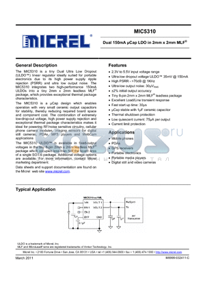 MIC5310-3.3/3.3YML datasheet - Dual 150mA lCap LDO in 2mm x 2mm MLF^