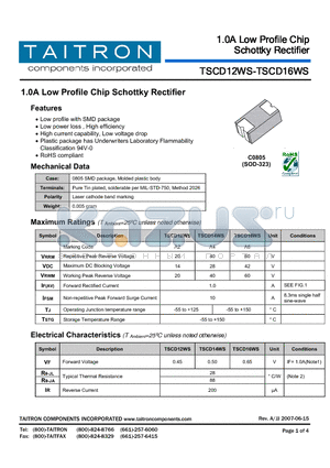 TSCD14WS datasheet - 1.0A Low Profile Chip Schottky Rectifier