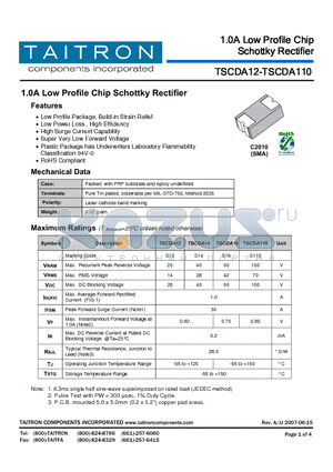TSCDA12 datasheet - 1.0A Low Profile Chip Schottky Rectifier