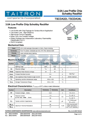 TSCDA34L datasheet - 3.0A Low Profile Chip Schottky Rectifier