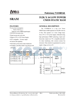 T15V8M16A datasheet - 512K X 16 LOW POWER CMOS STATIC RAM