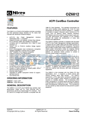 OZ6812B datasheet - ACPI CardBus Controller