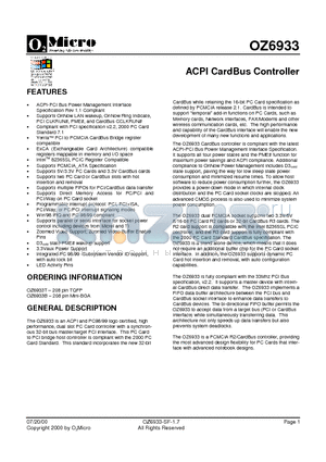 OZ6933 datasheet - ACPI CardBus Controller