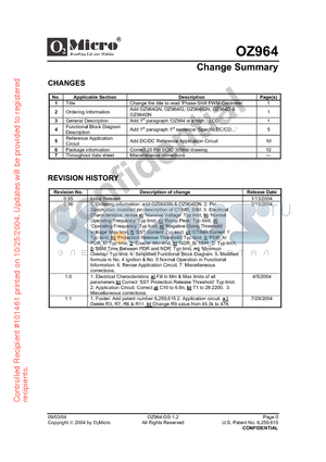 OZ964 datasheet - Change Summary