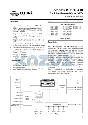 MT9161B datasheet - 5 Volt Multi-Featured Codec (MFC)