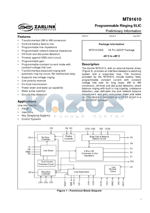 MT91610AQ datasheet - Programmable Ringing SLIC