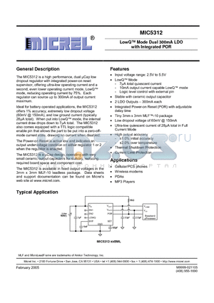 MIC5312-GMBML datasheet - LowQ Mode Dual 300mA LDO with Integrated POR