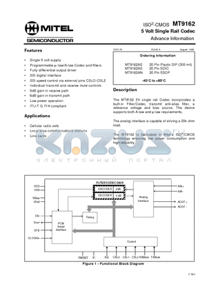 MT9162 datasheet - ISO2-CMOS 5 Volt Single Rail Codec