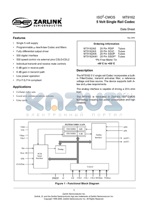 MT9162AN1 datasheet - 5 Volt Single Rail Codec