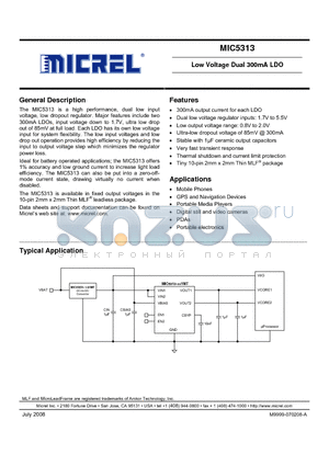 MIC5313-FCYMT datasheet - Low Voltage Dual 300mA LDO