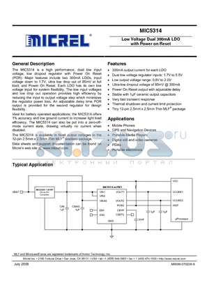 MIC5314-1.5/1.1YMT datasheet - Low Voltage Dual 300mA LDO with Power on Reset