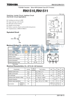 RN1511 datasheet - Switching, Inverter Circuit, Interface Circuit And Driver Circuit Applications