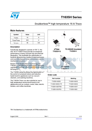 T1635H-600IRG datasheet - Snubberless TM  high temperature 16 A Triacs