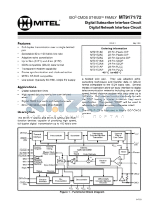 MT9171AP datasheet - ISO2-CMOS ST-BUS FAMILY Digital Subscriber Interface Circuit Digital Network Interface Circuit