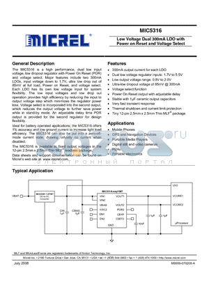 MIC5316-1.5/1.3/1.0YMT datasheet - Low Voltage Dual 300mA LDO with Power on Reset and Voltage Select