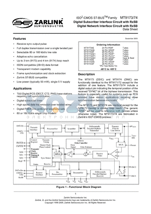 MT9173AE1 datasheet - Digital Subscriber Interface Circuit with RxSB Digital Network Interface Circuit with RxSB