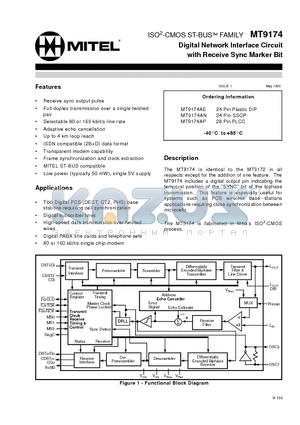 MT9174 datasheet - ISO2-CMOS ST-BUS FAMILY Digital Network Interface Circuit with Receive Sync Marker Bit