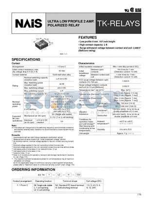 TK1-L2-H-3V datasheet - ULTRA LOW PROFILE 2 AMP. POLARIZED RELAY