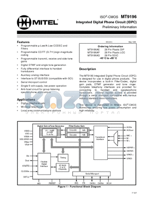 MT9196AE datasheet - ISO2-CMOS Integrated Digital Phone Circuit (IDPC)