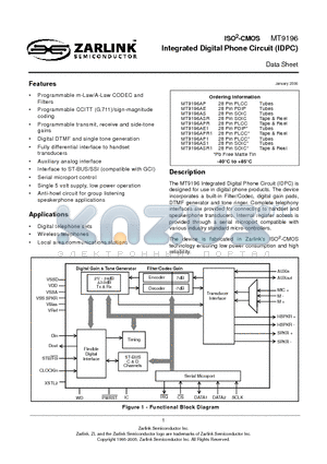 MT9196AE1 datasheet - Integrated Digital Phone Circuit (IDPC)