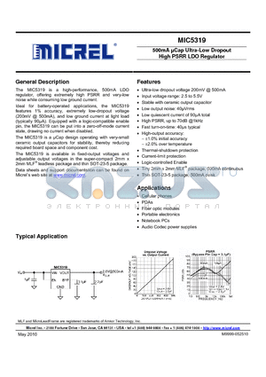 MIC5319-2.5YML datasheet - 500mA lCap Ultra-Low Dropout High PSRR LDO Regulator