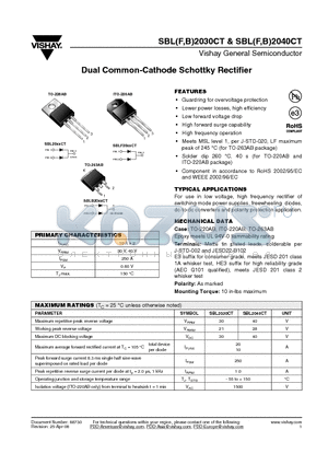 SBL2030CT-E3/45 datasheet - Dual Common-Cathode Schottky Rectifier