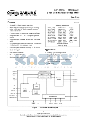 MT91L60AS datasheet - 3 Volt Multi-Featured Codec (MFC)