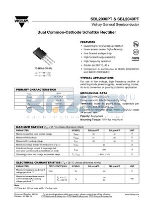 SBL2030PT-E3/45 datasheet - Dual Common-Cathode Schottky Rectifier