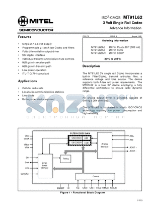 MT91L62AE datasheet - ISO2-CMOS 3 Volt Single Rail Codec