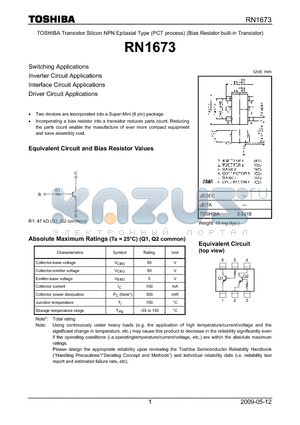 RN1673 datasheet - Switching Applications Inverter Circuit Applications Interface Circuit Applications Driver Circuit Applications