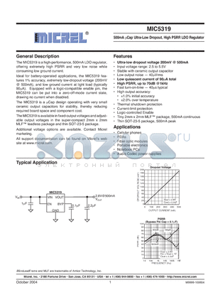 MIC5319-8BD5 datasheet - 500mA uCap Ultra-Low Dropout, High PSRR LDO Regulator